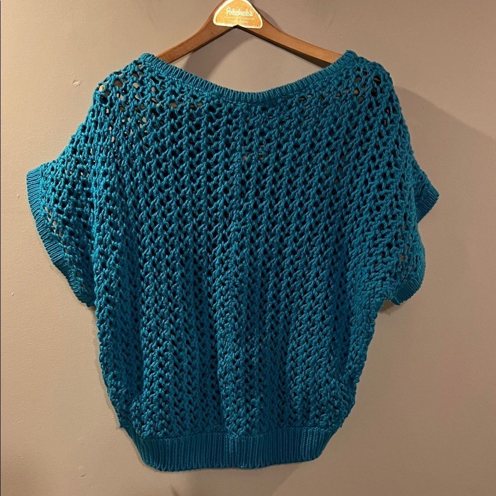 Free People Oversized Teal Crocheted Crew Neck Sweater
